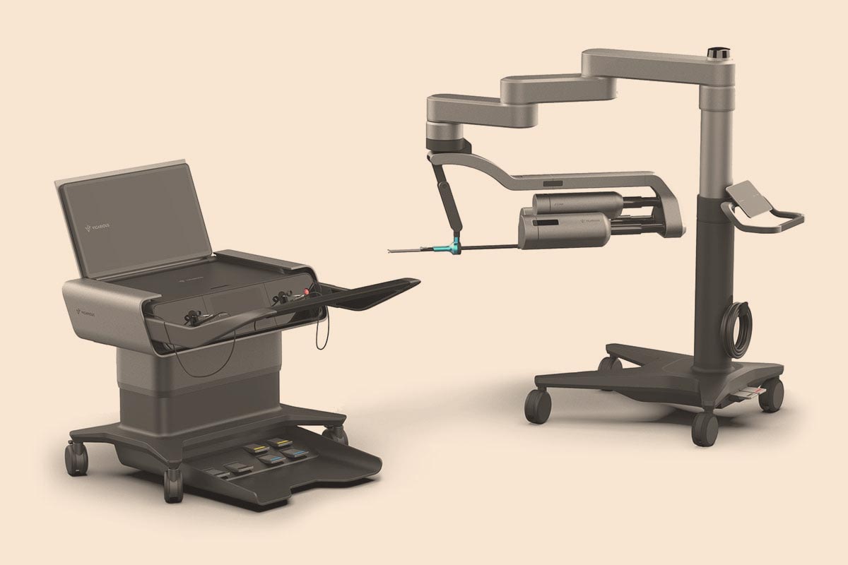 Vicarious Surgical Patient Cart and Surgeon Console renderings